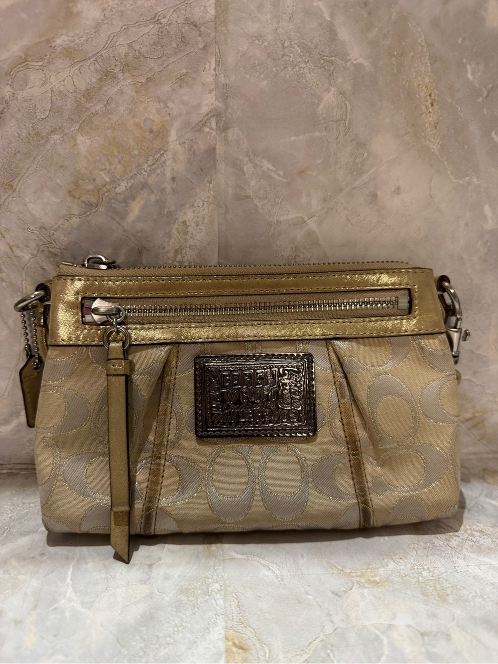 Coach Gold and Champagne Signature Wristlet Clutch Poppy
